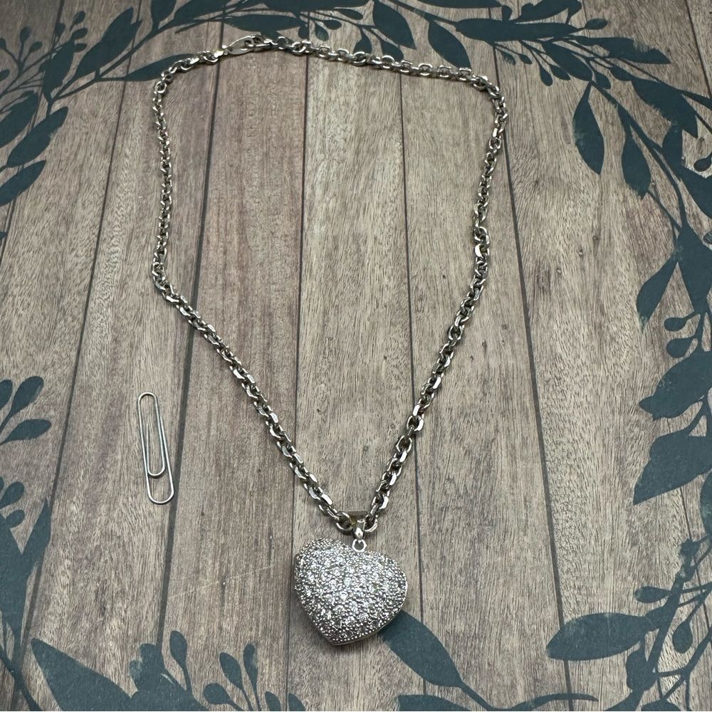 Sterling‎ Silver Crystal Puffy Heart Locket Necklace B6